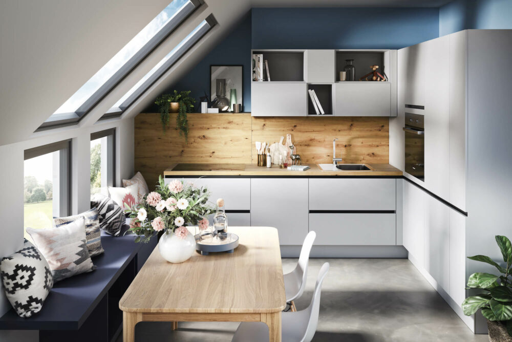 Häcker moderne L-Küche perlgrau