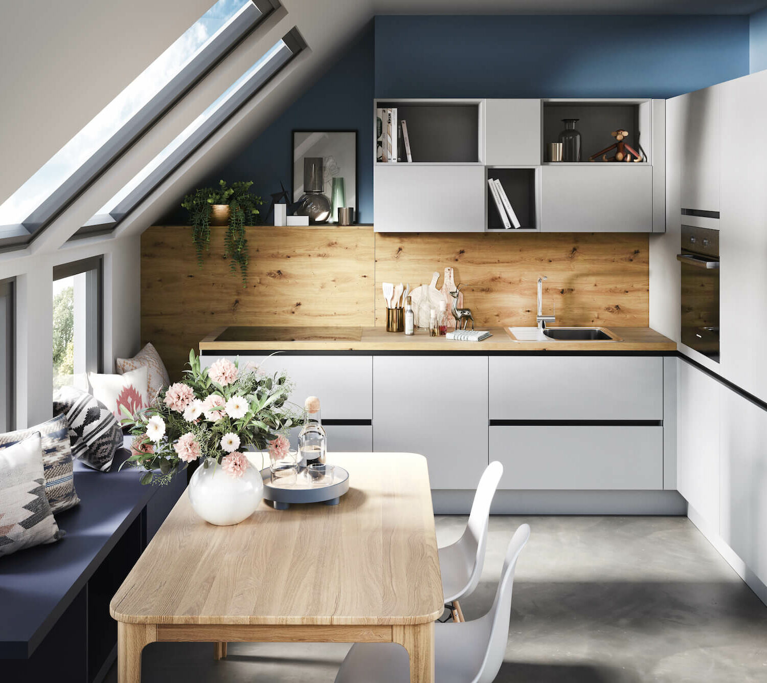 Häcker moderne L-Küche perlgrau