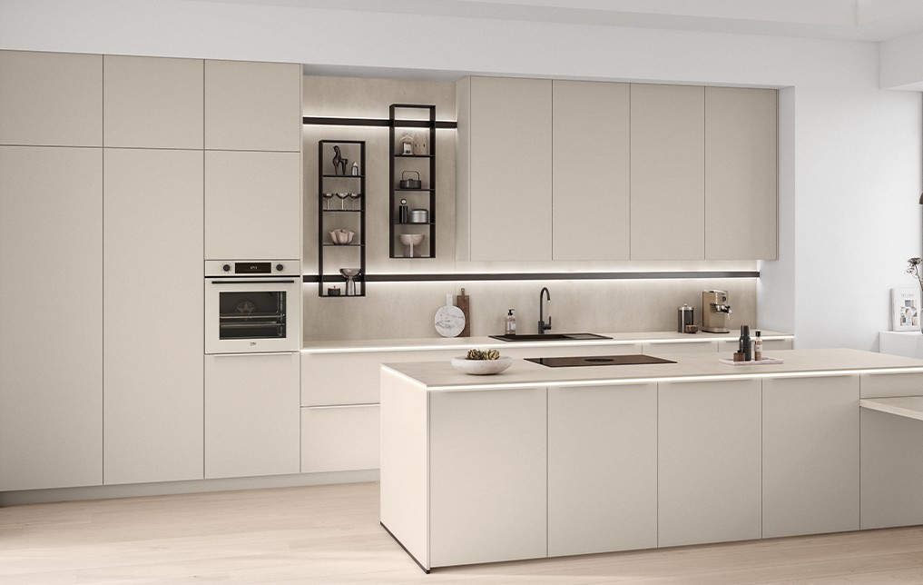 Nobilia Inselküche SENSO 489 Lack Sand Premium matt mit Backofen in Sand