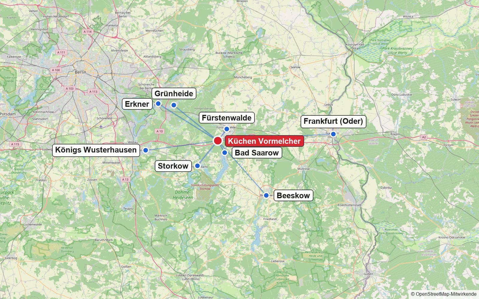 Karte der Anfahrt aus dem Umland zu Küchen Vormelcher in Rauen mit acht Orten