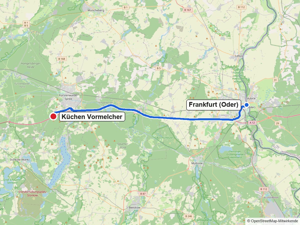 Routenkarte von Frankfurt (Oder) zum Küchenstudio Küchen Vormelcher in Rauen