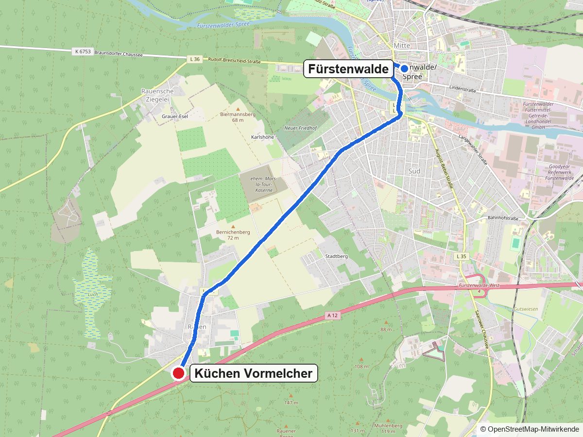 Routenkarte von Fürstenwalde zum Küchenstudio Küchen Vormelcher in Rauen