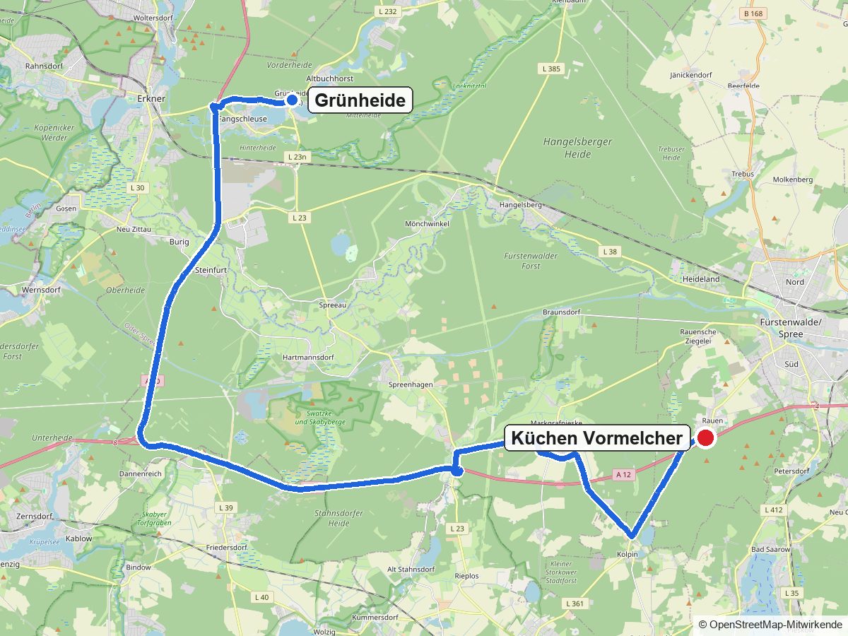 Routenkarte von Grünheide zum Küchenstudio Küchen Vormelcher in Rauen