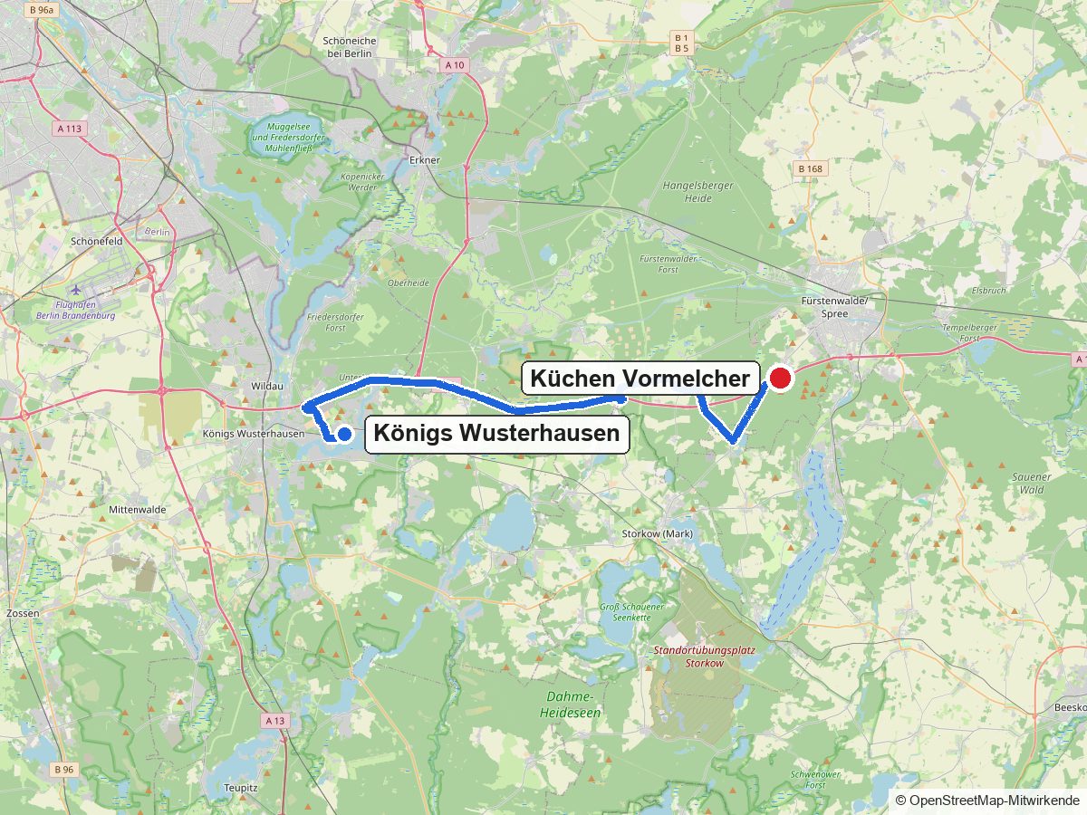 Routenkarte von Königs Wusterhausen zum Küchenstudio Küchen Vormelcher in Rauen